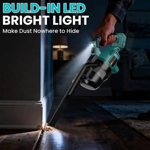 Person using Cordless Handheld Vacuum Cleaner With 500W Motor, 5 In 1 Lightweight Powerhouse, LED light illuminating corner