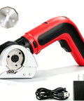 Kitluck Cordless Electric Scissors With Rechargeable Battery And Replacement Blade, red handheld cutter with charging cable and blade.