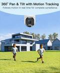 Pan Tilt Outdoor Security Camera With 2.5K Clarity, 360 Degree View installed on modern house with children playing outside