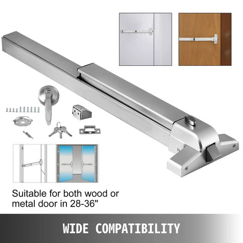 Push Bar With Lever Panic Exit Device For 28 To 36 Inch Doors, heavy duty, 201 stainless steel, visible components and compatibility details