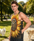 Men Sleeveless Muscle Tank Top Featuring Mechanical Sunflower Gear Design worn by man outdoors with dogs, quick dry lightweight material.