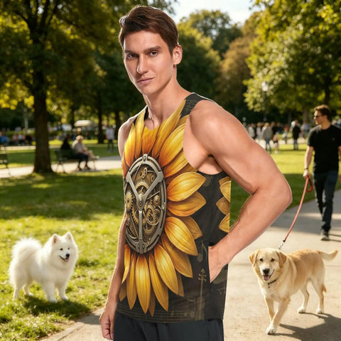Men Sleeveless Muscle Tank Top Featuring Mechanical Sunflower Gear Design worn by man outdoors with dogs, quick dry lightweight material.