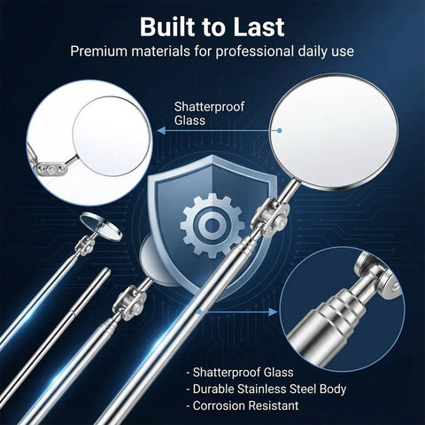 Three Piece Stainless Steel Extendable Mechanic Mirror Set With Telescoping Rotating Head Inspection Mirrors detail view