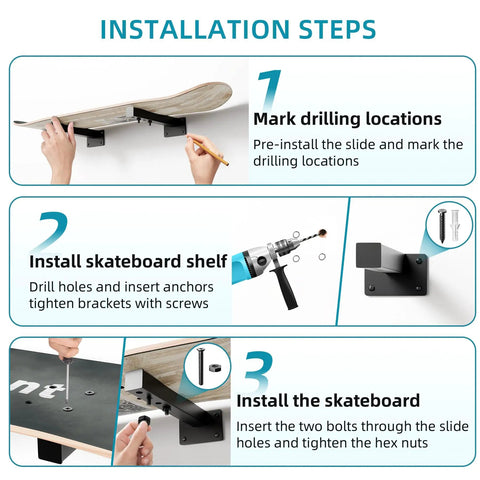 Skateboard Wall Mount Shelves 4 Pack Black Floating Brackets For Deck And Longboard Display Dope Wall Decor installation steps