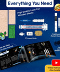 Components of Rocket Launcher STEM Kit For Kids Ages 6 To 12 Hands On Build Your Own Rocket And Launch It High Totally Fun DIY Science Toy For Curious Boys And Girls Perfect Birthday Gift including wooden sheets, parts, and manual.