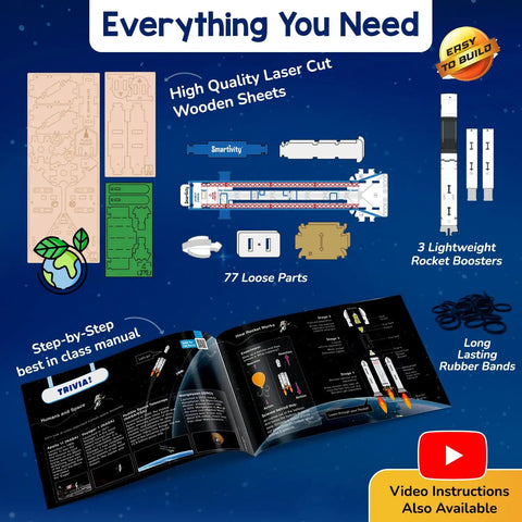 Components of Rocket Launcher STEM Kit For Kids Ages 6 To 12 Hands On Build Your Own Rocket And Launch It High Totally Fun DIY Science Toy For Curious Boys And Girls Perfect Birthday Gift including wooden sheets, parts, and manual.