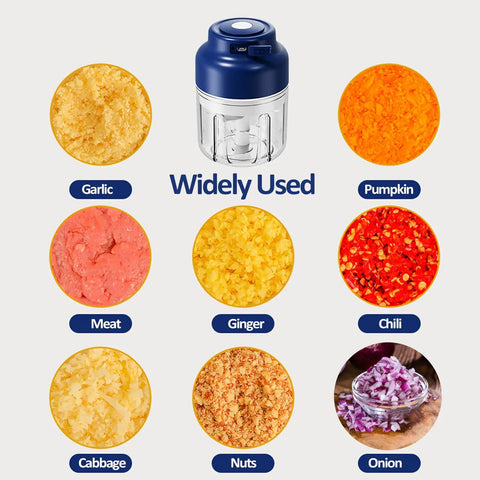 Upgrade Electric Garlic Chopper With Six Stainless Steel Blades Portable Mini Food Processor For Mashing Onions Chili And Meat, showing processed garlic, meat, pumpkin, ginger, chili, cabbage, nuts, and onion.