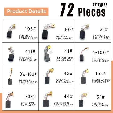 Electric Motor Carbon Brush Set For Power Tools Maintenance And Repair 72 Piece Pack In 12 Sizes For Angle Grinders Circular Saws