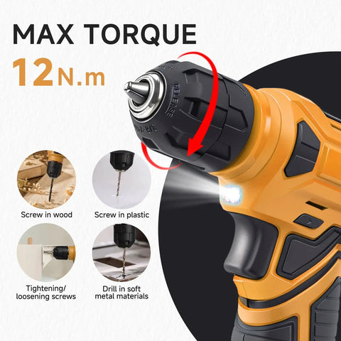 All In One 8V Cordless Drill Tool Set With 132 Piece Box Yellow, showing drill applications in wood and plastic.
