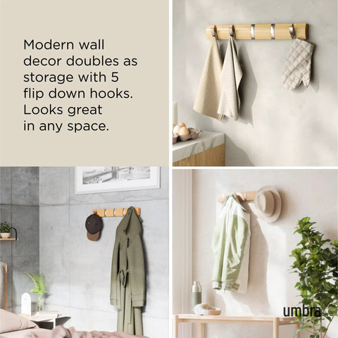 Flip 5 Wall Mounted Hook With Retractable Hooks For Coats Hats Scarves Bags Umbrellas Towels And More Space Saving Modern Rail System For Home Entryway Hallway Or Mudroom
