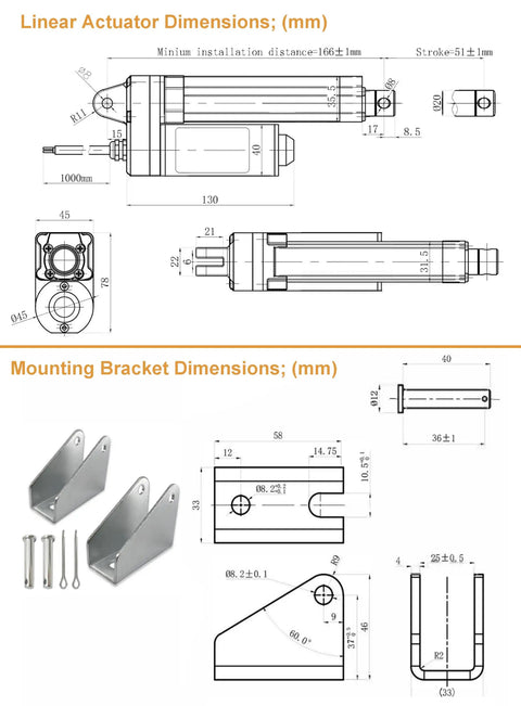 Technical diagram showing dimensions of Heavy Duty 12V Linear Actuator With 2800N (617lbs) Load, IP67 Waterproof and mounting brackets.