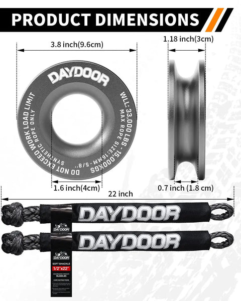 Heavy Duty 1/2 Inch Soft Shackles For Off Road Recovery Kit Featuring 56000 Pound Breaking Strength Uhmwpe Rope And Aluminum Anchor Ring dimensions and details image.