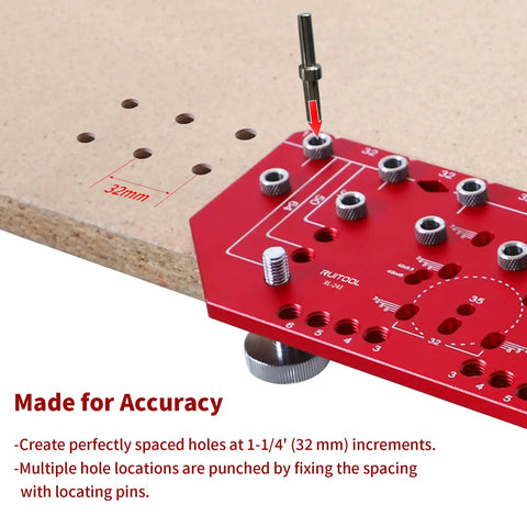 Pro Level 7 Hole Shelf Pin Jig And 2 In 1 Cabinet Hinge Boring Guide Set With Tough Steel Drill Bits For No Sweat Carpentry Work And Sweet Finish Furniture Builds That Bang For Your Buck, red aluminum jig showing precise hole locations on wood.