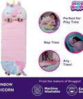 Rainbow Unicorn 2-In-1 Pillow and Sleep Sack for kids, pink with plush unicorn head, ideal for naps and play, shown open.