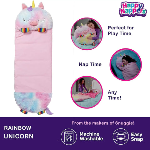 Rainbow Unicorn 2-In-1 Pillow and Sleep Sack for kids, pink with plush unicorn head, ideal for naps and play, shown open.