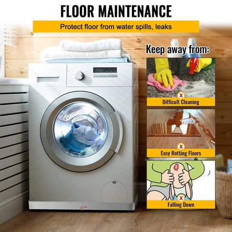 Washing machine in laundry room with text on floor maintenance tips; Heavy Duty Stainless Steel Washing Machine Pan 27x25x2.5 Inches, 18 Gauge Drain Tray With Drain Hole And Hose Adapter, 304 Stainless Steel Under-Washer Drip Pan For Leaks And Mess Prevention mentioned for preventing spills and leaks.