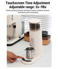 Top Shelf Electric Burr Coffee Grinder With 60 Precision Settings And 80G Single Dose Hopper Kicking Out Smooth Grinds For Espresso Drip French Press Or Cold Brew Brewing With Anti Static Design For Zero Hassle, featuring touchscreen time adjustment.