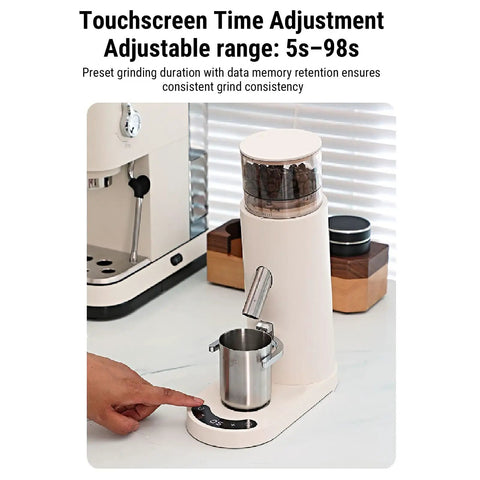 Top Shelf Electric Burr Coffee Grinder With 60 Precision Settings And 80G Single Dose Hopper Kicking Out Smooth Grinds For Espresso Drip French Press Or Cold Brew Brewing With Anti Static Design For Zero Hassle, featuring touchscreen time adjustment.