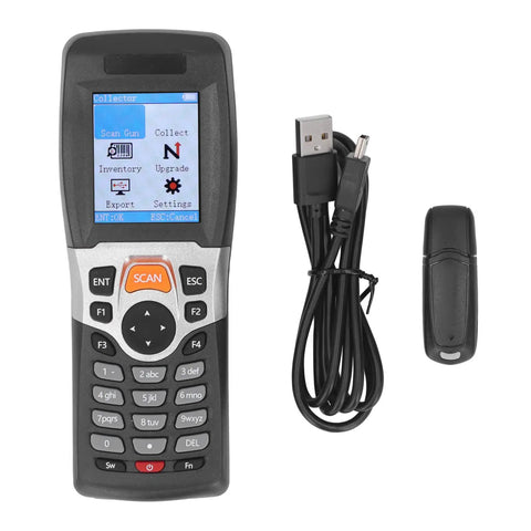 Wireless 1D Barcode Scanner With 2.4GHz Tech And 330 Ft Range, handheld device with 2-inch color screen and USB cable.