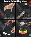 Instructions for assembling backing plate on 6 Inch Dual Action Car Buffer Polisher With Detachable Handle Pro Grade Random Orbital Polisher Kit.
