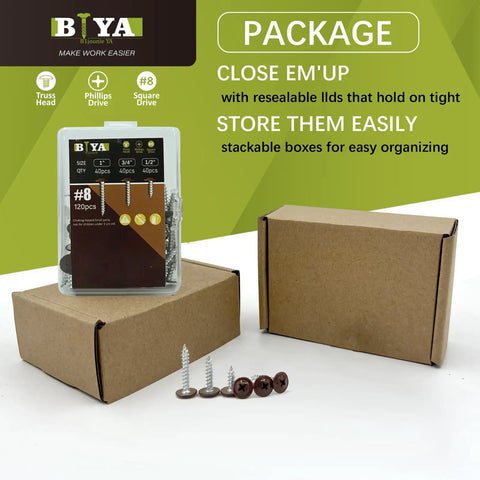 Solid As A Rock Brown Wood Screws 120 Piece Assortment Size 8 self tapping truss head screws in packaging with assorted box sizes.