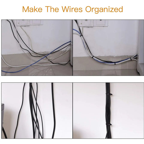 Heavy Duty 8 Inch Cable Ties 120 Lb Tensile Strength, 120 Pack Self Locking Nylon Tie Wraps organize cables on wall.