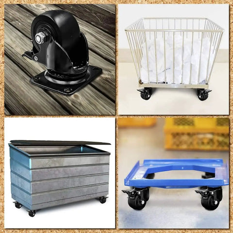 Badass Heavy Duty Polyurethane Caster Wheels With Total Locking Brake Double Ball Bearing Industrial Grade Solid Low Profile Butter Smooth Silent Roll Two Thousand Pound Capacity Pack Of Four on a cart and bin.