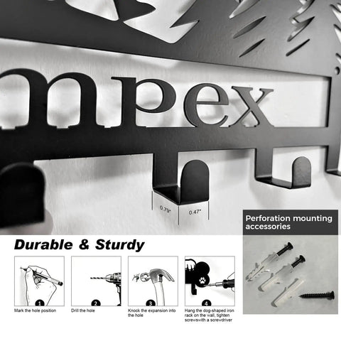 Close-up of Custom Name Boxer Wall Mount Leash Holder With Bone Plaque And Hooks installation instructions and mounting hardware