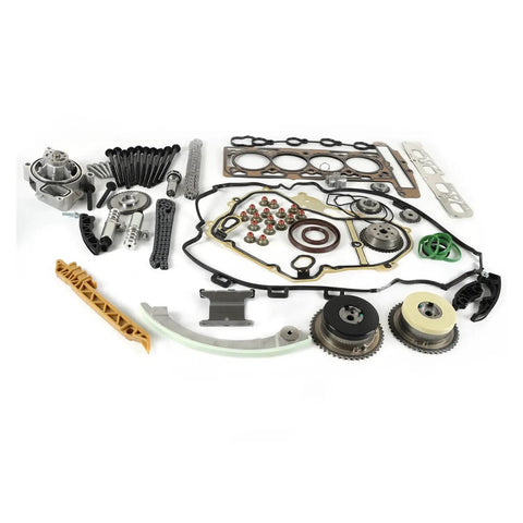 Upgrade Your Ride With This Timing Chain Kit And Head Gasket Bolts Set For Ecotec 2 Point Oh Liter Or 2 Point Four Liter Engines From 2009 To 2016 Models Made Strong With Alloy For Serious Long Life And Low Maintenance Under The Hood Anywhere.. timing chain kit parts laid out on white