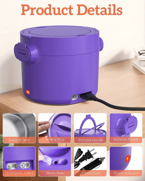 Purple Portable 33oz Electric Lunch Box 100W Fast Heat 3 In 1 Food Warmer with power cord and handles on table