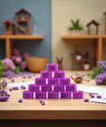 Purple Numbered Leg Bands 100 Pack for Pigeons and Doves 8mm Inner Diameter Elastic Bird ID Rings on a wooden table