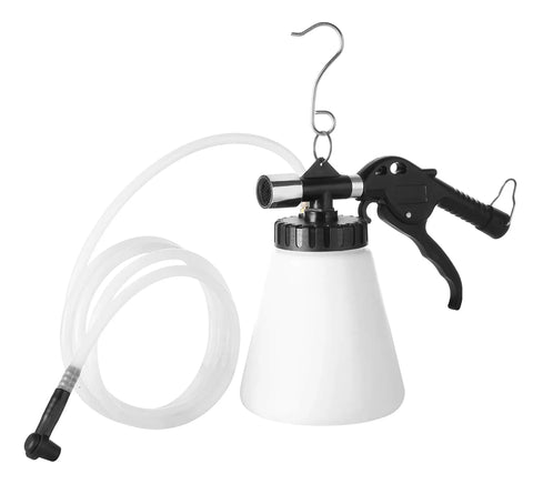 Pneumatic Brake Fluid Bleeder Tool With Four Master Cylinder Adapters 90 To 120 PSI, showing hand-held nozzle and hose.