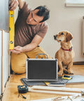 Portable Aluminum Tool Case With Handle Large Capacity Storage Box for DIY Projects next to man working with dog observing