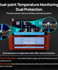 Beefed Up 12V 314Ah LiFePO4 Battery With Bluetooth And SOC LEDs Low Temp Protection 4019Wh 200A BMS Deep Cycle Up To 15000 showing dual-point temperature monitoring in red casing