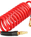 Heavy Duty Self Coiling Air Hose With Legit Slick Polyurethane Build And 3/8 Inch ID By Ten Feet Length Featuring Bend Restrictor and Repairable Quick Connect Fittings For Smooth Garage Grind And Zero Tangle Headaches In Red coiled
