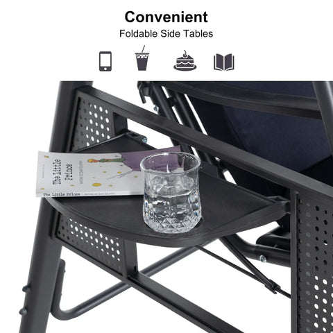 Outdoor Patio Porch Swing With Stand For Three Cushions And Pillow Included Navy Blue All Weather Steel Frame Side Table