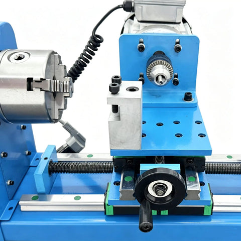 Close-up of the Techtongda Dual Motor Wood Lathe Combo With 750W Brushless Spindle And 450W Drilling Unit featuring precision parts.