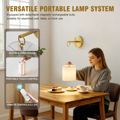 Woman using Zero Drilling Required, Battery Operated Wall Sconces Set Of Two With Remote, Brushed Gold Wireless Hanging Lamps.