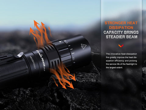 PD40R V3.0 3000 Lumen USB C Rechargeable Flashlight with heat dissipation fins on rocky surface