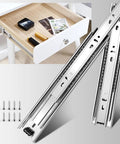 22 Inch Full Extension Drawer Slides Four Pairs Heavy Duty Ball Bearing Side Mount Runners For Dresser Kitchen Cabinet And Pantry Drawers in silver with screws.