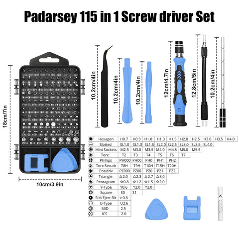 115-In-1 Precision Screwdriver Set With Magnetic Bits Clutch Head Non Slip Ergonomic Handle Tweezers And All-In-One Repair Kit in blue case