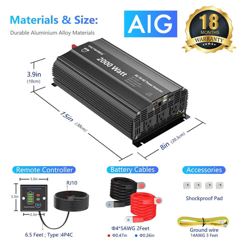Diagram showing dimensions and features of 2000W 12V DC To 110V AC Power Inverter With Remote Control And 3 AC Outlets 2.4A USB Port