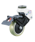 Rock Solid Shock Absorbing Swivel Caster With 100 Mm Polyurethane Wheel And Locking Pedal Brake Stem Mount Cast Aluminum Platform.