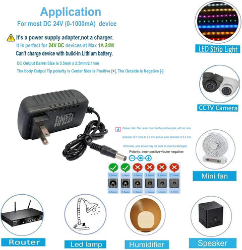 Budget Friendly 24V DC 1A Power Supply Adapter For LED Strips And CCTV Cameras, 100-240V AC Input To 24V DC 24W, shown with plug and cord