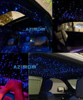 LED Bluetooth Fiber Optic Star Ceiling Kit 16W RGBW installed in car with twinkling blue star lights on headliner.