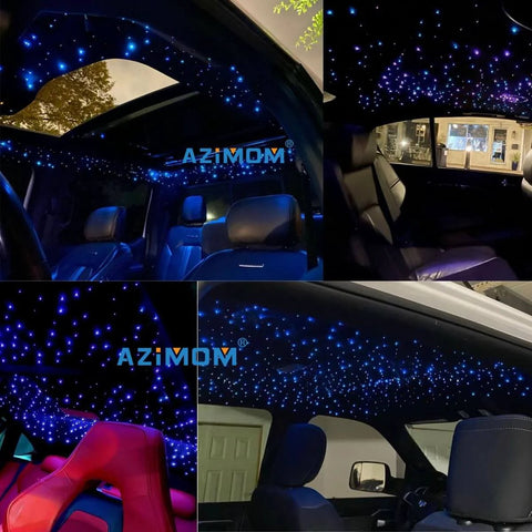 LED Bluetooth Fiber Optic Star Ceiling Kit 16W RGBW installed in car with twinkling blue star lights on headliner.