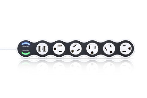 White Surge Protector With Five Rotating Outlets And Dual USB Ports Four Foot Cord 2160 Joules Auto Shutdown Safe Power close-up view