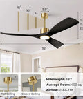 Dope 52 Inch Ceiling Fan With Lights For Indoor Outdoor Patio 3 Blade Matte Black And Gold Finish Remote Control Alexa Built In Smart Fan