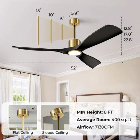Dope 52 Inch Ceiling Fan With Lights For Indoor Outdoor Patio 3 Blade Matte Black And Gold Finish Remote Control Alexa Built In Smart Fan
