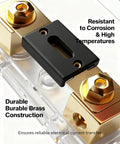 Close-up of brass and black Inline ANL Fuse Holder Kit For 0 2 4 Gauge Wire With Dual 150 Amp Fuses showing construction details
